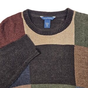 Falls Creek Sweater Mens Med Brown Multicolor Patchwork Chenille Knit Excellent
